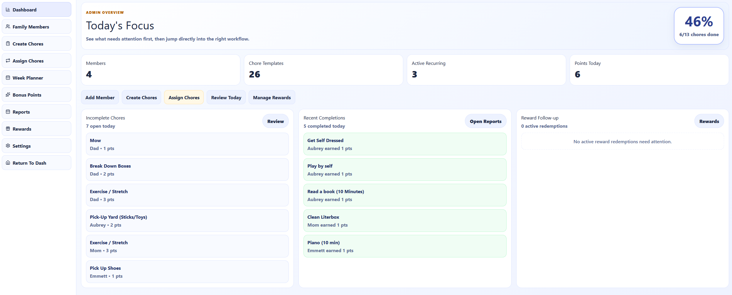 Chore Team admin dashboard sample for managing chores and family settings.